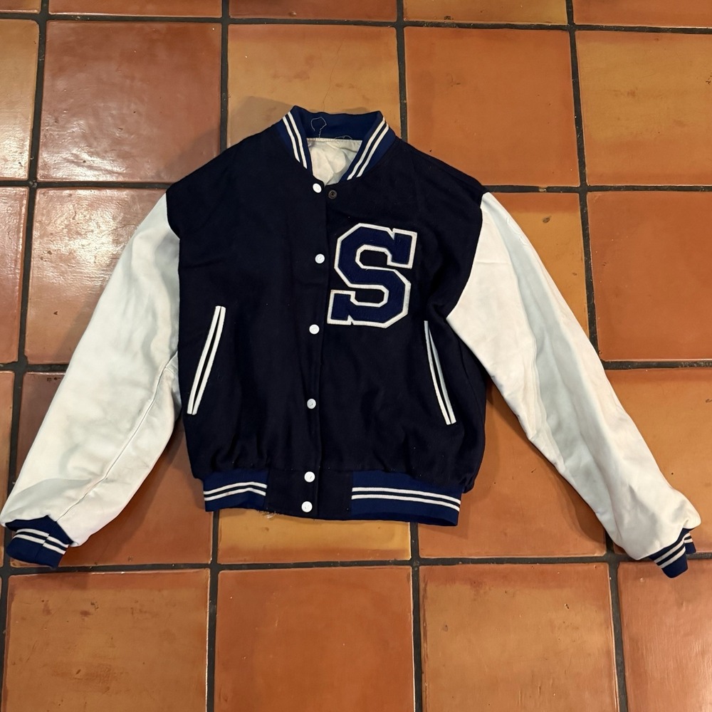 Vintage Seoul American Falcons Letterman Jacket 80s MGR Wool Leather Navy Small